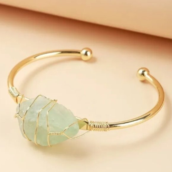 Fluorite Gemstone Wire Wrapped Golden Bangle - Picture 2 of 2